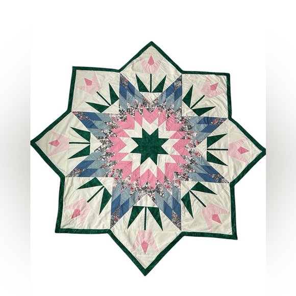 Handmade Eight Point Star Patterned Quilt with Tulips and Spring Colors - Picture 1 of 9